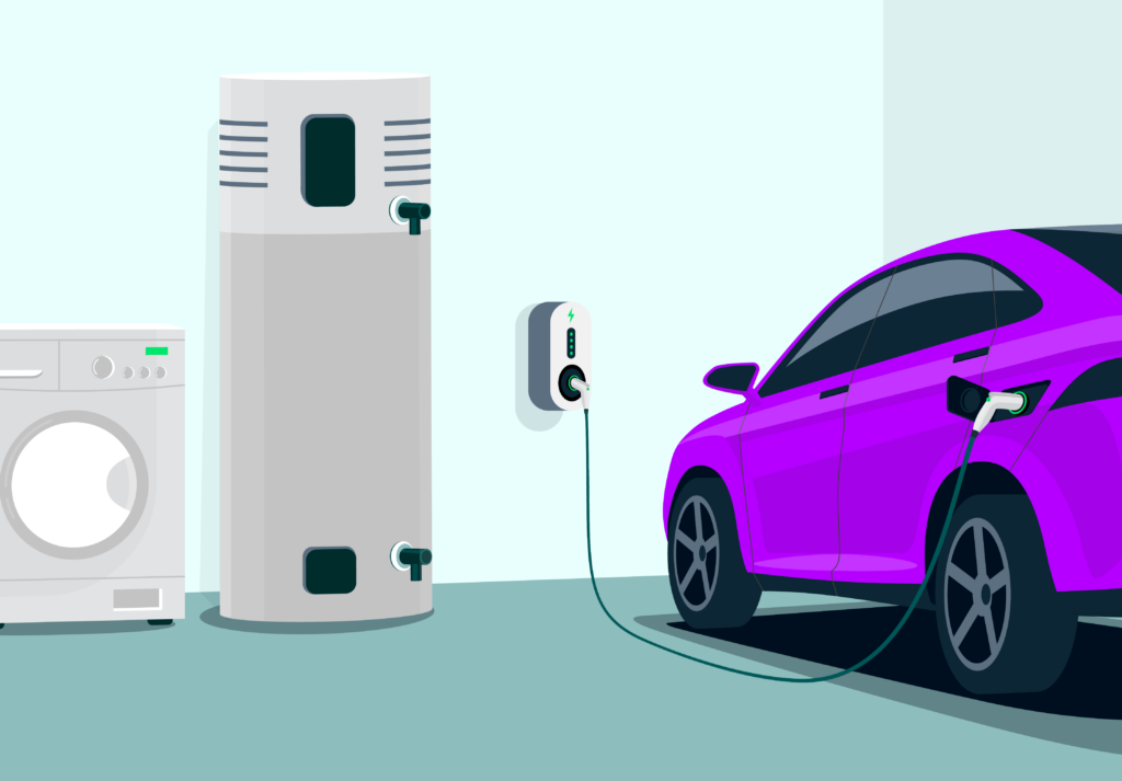 Garage with EV charger, electric water heater and dryer.